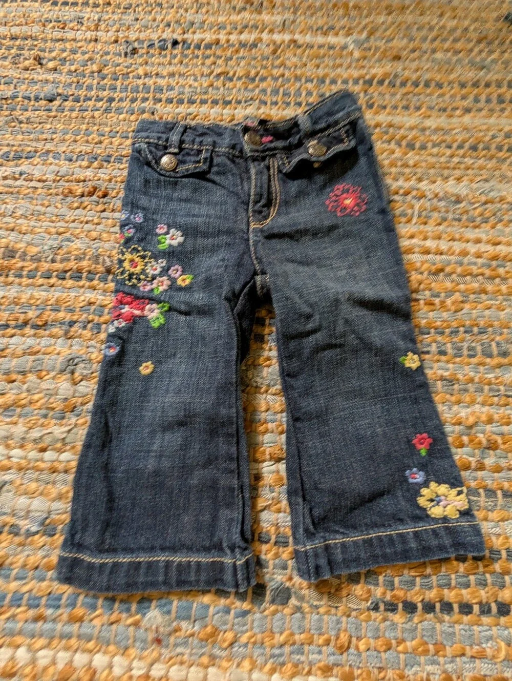 Vtg Gap Toddler Jeans 12-18M Floral Embroidered Flare Boho Y2K Dark Wash